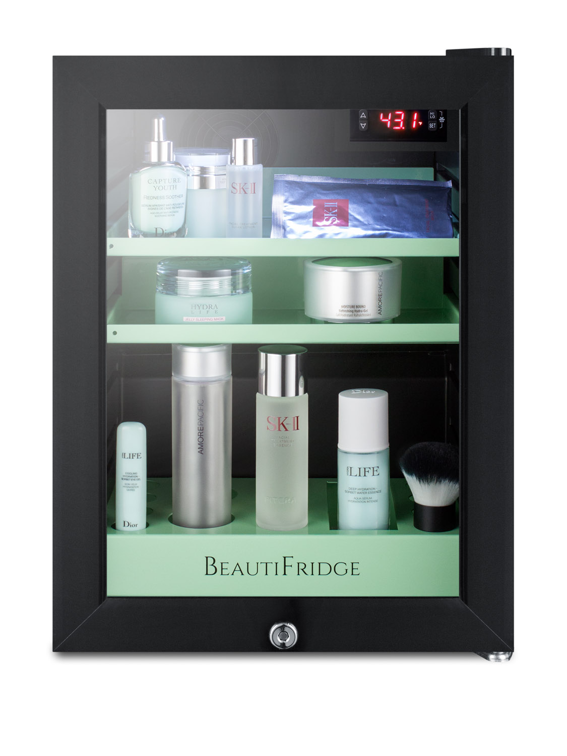 BeautiFridge compact cosmetics cooler with glass door, black cabinet, lock, glossy mint-colored shelves, and digital controls set for the storage of beauty products